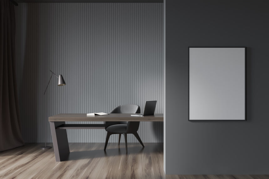 3D渲染的采用灰色室内设计的写字楼办公室生活方式