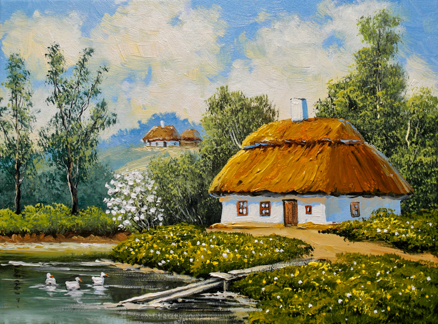 油画中美丽的乡村风景自然景观