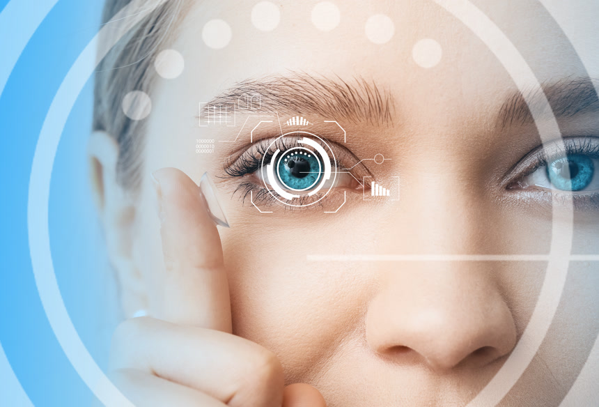 年轻女人女子眼睛视觉圆圈科技展示数据流蓝色手指脸部局部特写科幻想象未来