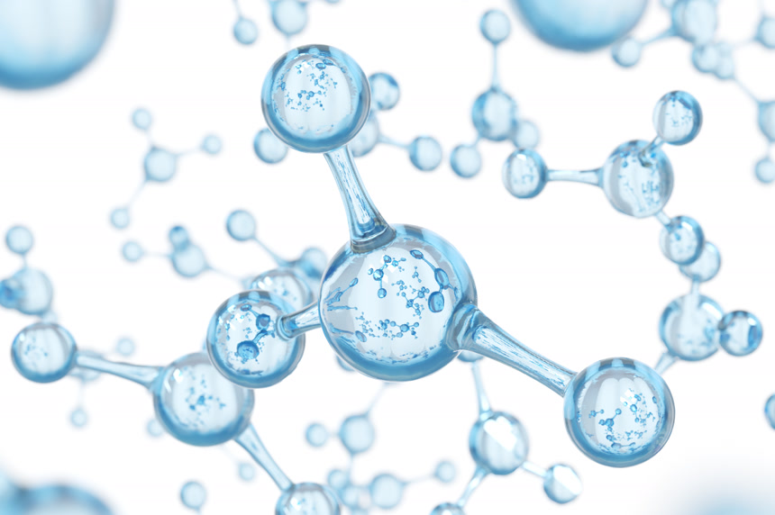 抽象水分子设计。原子。横幅或传单的抽象水背景。科学或医学背景。3d 渲染插图.