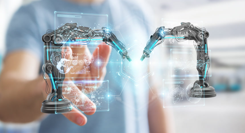 两只机械手臂在空中伸展高科技虚拟现实场景