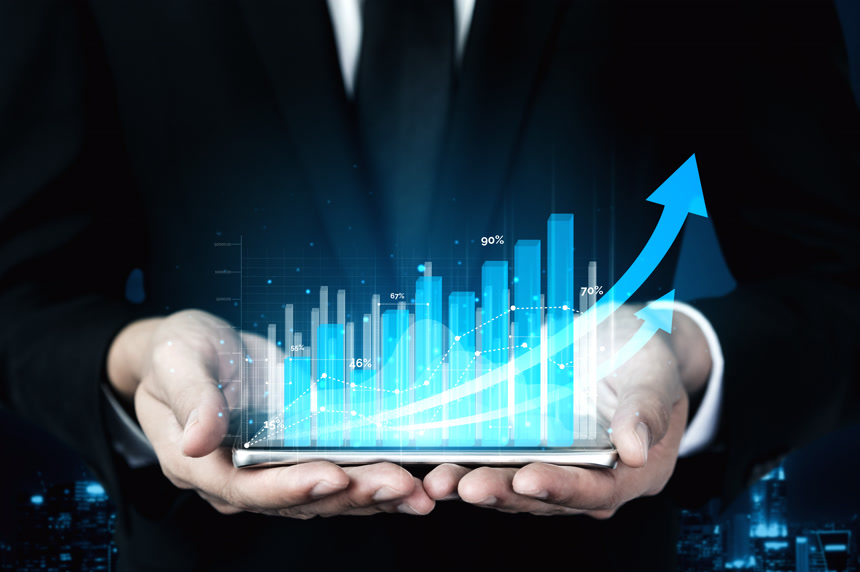 企业与金融业双重风险敞口形象具有股市投资财务利润增长报告图表的商人.