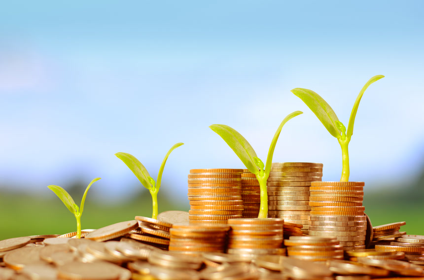 硬币钱堆上的禾苗商务金融理财素材