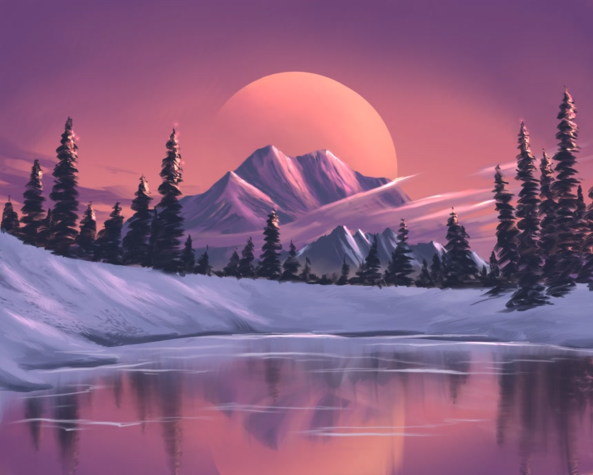 卡通手绘幻想雪山风景插画背景