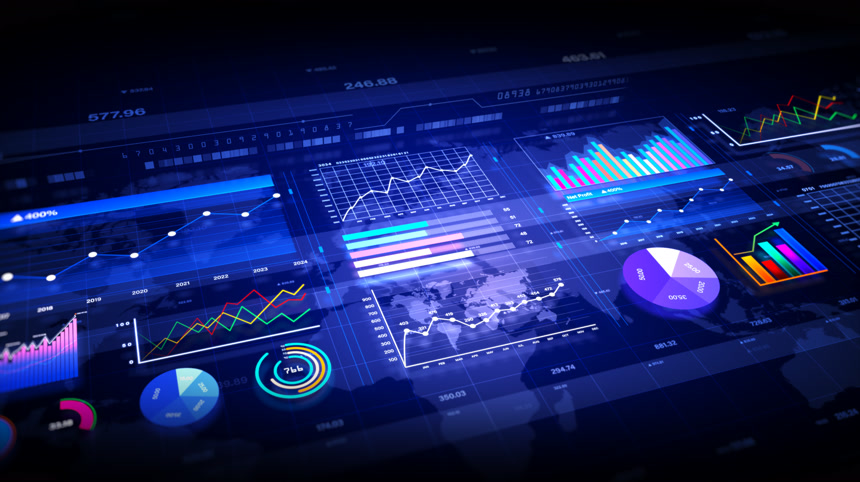 市场数据和信息图形动画数字数据图处理投资和商业统计，商业和市场数据分析和报信息图形背景