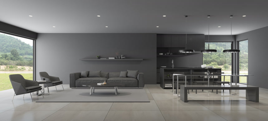 以自然背景、黑色木材室内设计为背景沙发和餐桌为现代豪华客厅3D渲染.