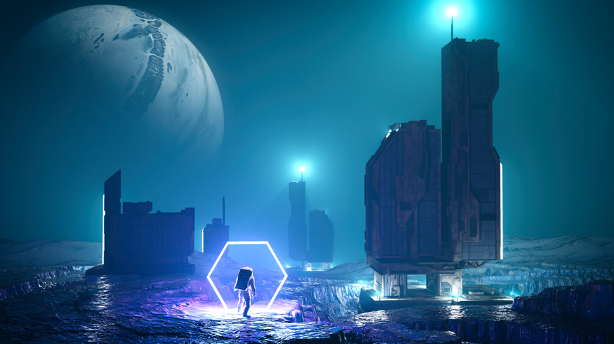 在太空时间旅行另一个星球的未来主义景观科幻3D渲染插画