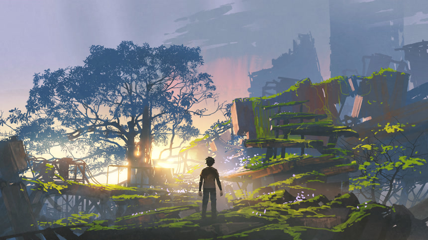 日落时分站在繁茂的城市里的年轻人插画