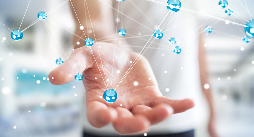 3D渲染的商务人士使用网络飞球科技合成