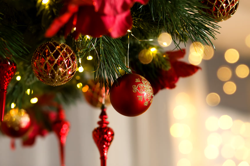 用红色和金色饰品装饰的圣诞树上