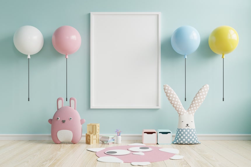 制作儿童房室内海报及蓝墙彩灯3D渲染