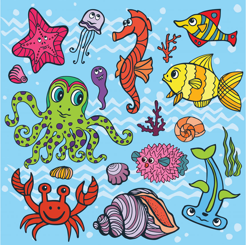 蓝色背景上的卡通线性海洋生物涂鸦图