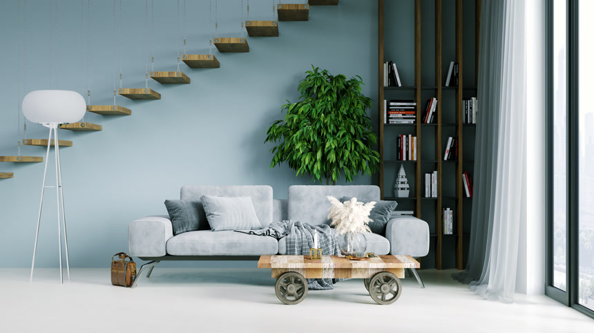 3D渲染大型豪华现代明亮的室内设计生活方式