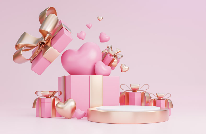 情人节快乐，有3D个空荡荡的讲台和粉色背景的浪漫情人节装饰。.