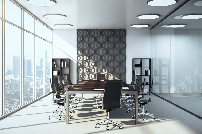 城市景观木制楼层和日光的现代会议室内工作场所3D渲染