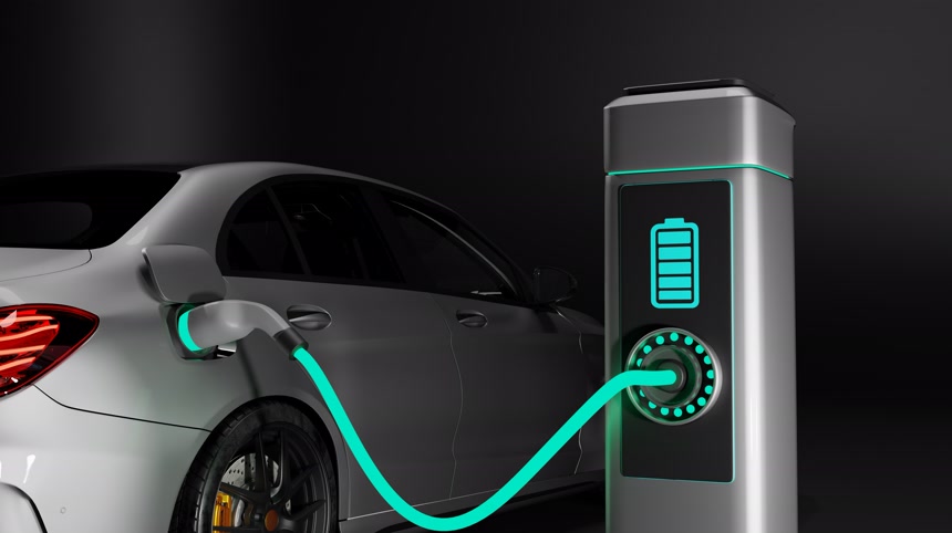 电动车充电。电动汽车向汽车的港口堵塞充电.3D渲染说明。显示收费的进度生活方式.