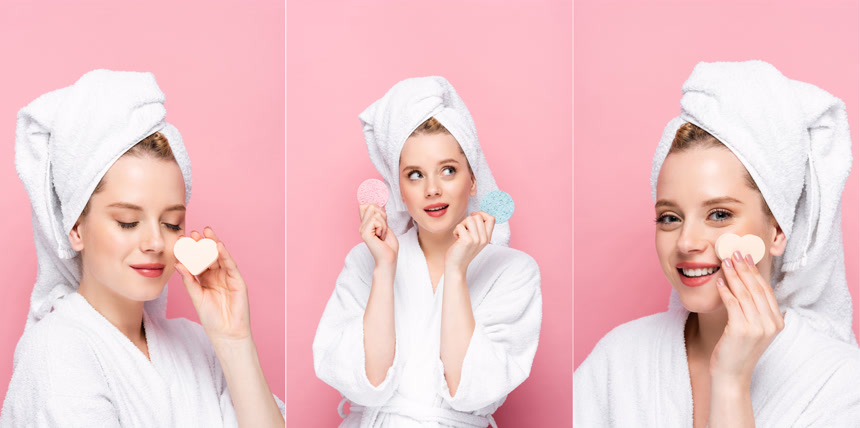 女式浴衣拼贴,头戴毛巾,手拿面部海绵与粉红隔离生活方式