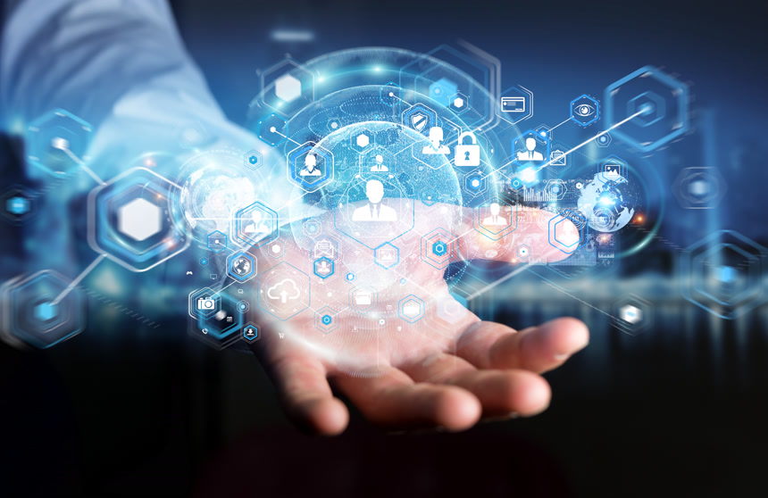 3D渲染商务人士手中数据的科技背景