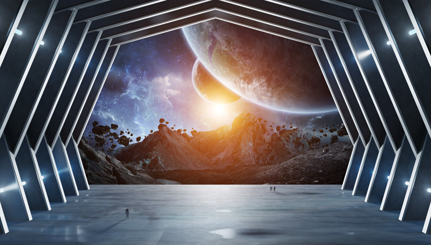 3d 渲染的巨型霍尔飞船内部科学技术