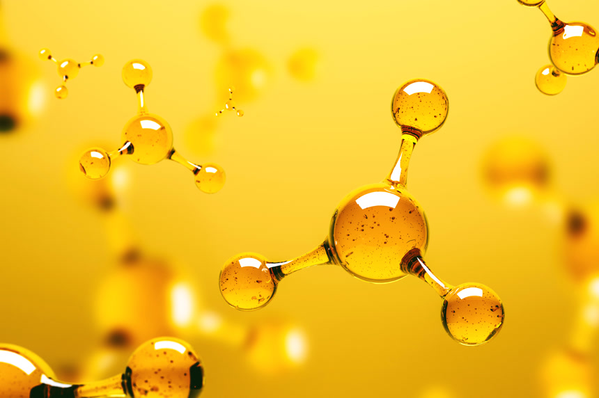 透明分子原子在黄色背景上3d 渲染模拟  生物技术的概念