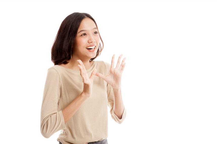 双色展开面带笑容的女士白底图模特人像写真人像