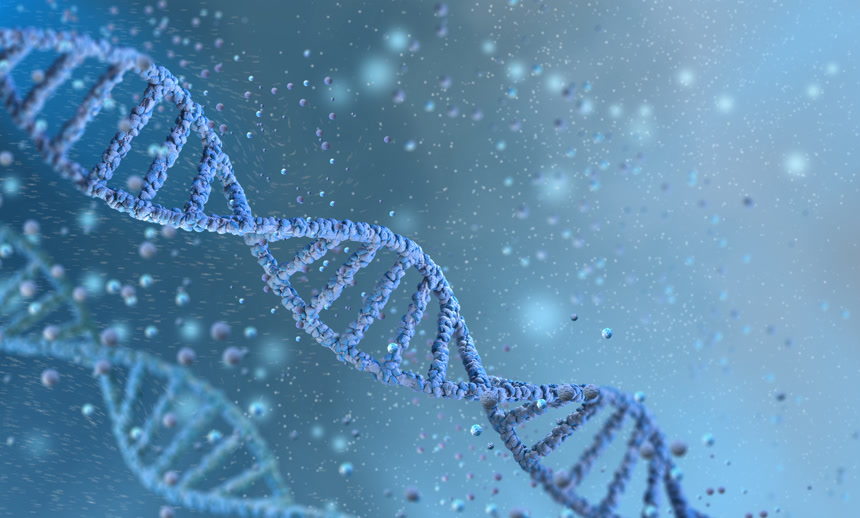 链，蓝色背景上的DNA代码医学背景3D渲染