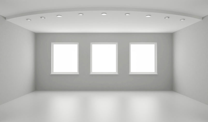 空旷整洁带有三个窗户的室内客厅装修装饰效果图