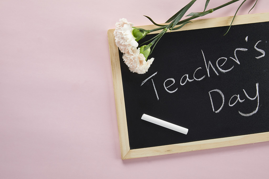 鲜花花朵教师节纯色背景上的小黑板粉笔康乃馨花朵场景素材配图俯视图