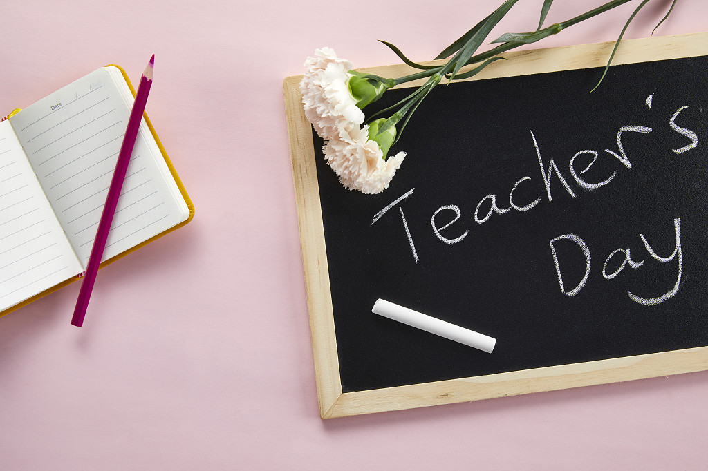 鲜花花朵教师节纯色背景上的小黑板铅笔文具康乃馨花朵场景素材配图俯视图