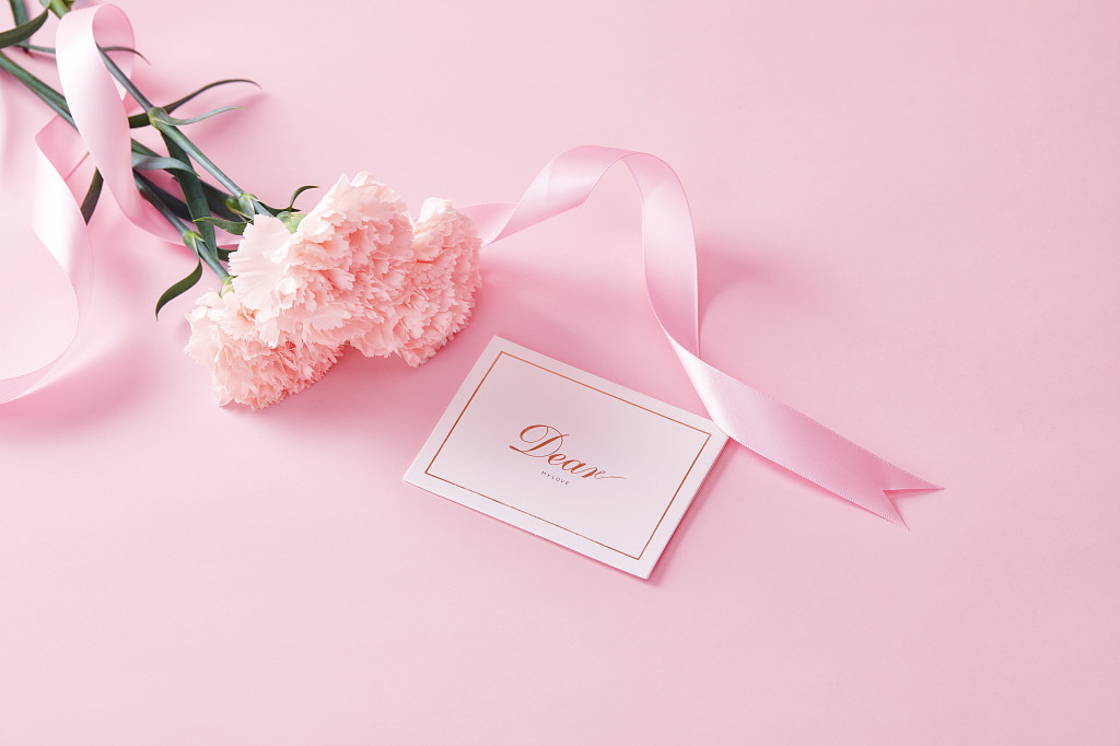 粉色背景七夕情人节鲜花花朵丝带缠绕的鲜花贺卡康乃馨在粉色背景上的场景教师节母亲节配图