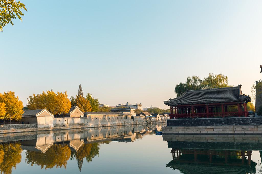 水墨唯美秋景故宫银杏清澈湖面倒影背景图片