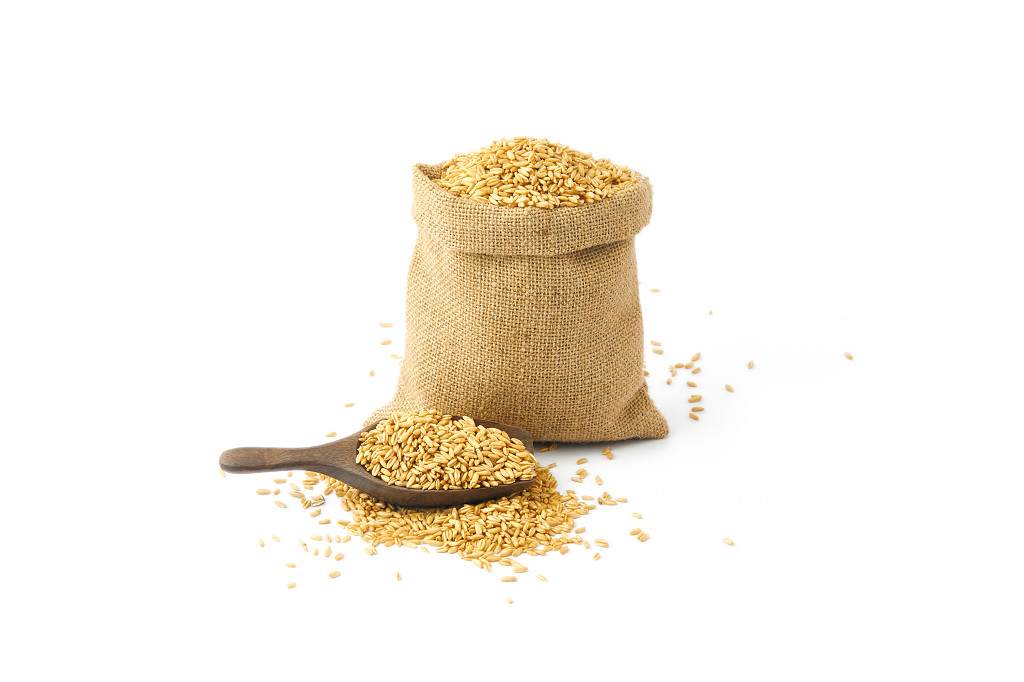 白底实拍一袋燕麦燕麦仁燕麦米谷物麻袋铲子散落燕麦