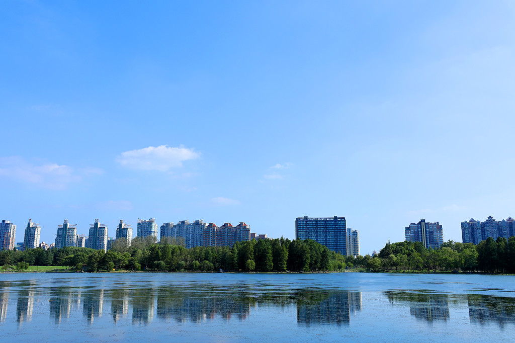 实拍楼房建筑城市建筑蓝天白云云彩云朵晴天大树树木