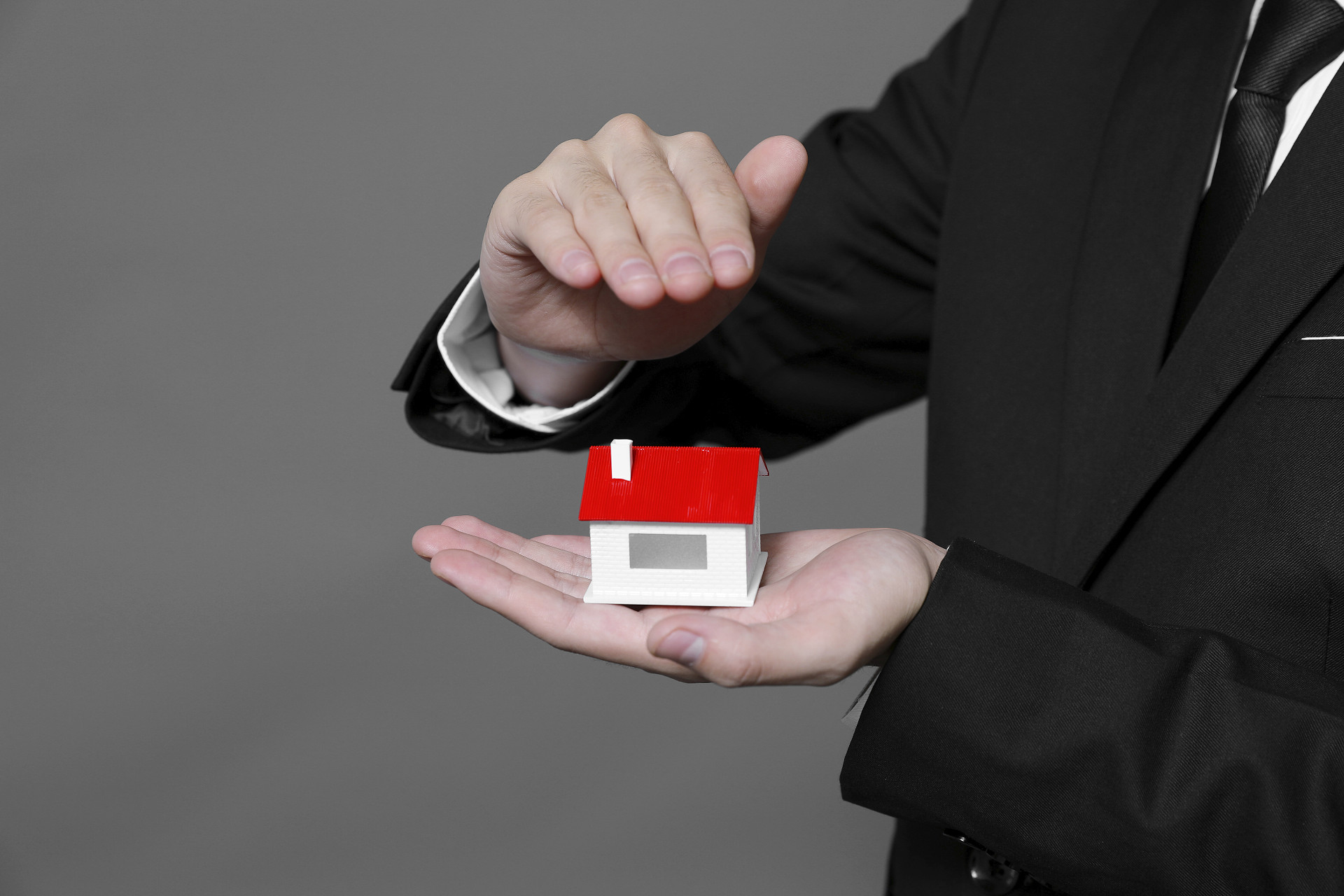 灰底商务人像购房手势房产房地产安全守护手捧房子
