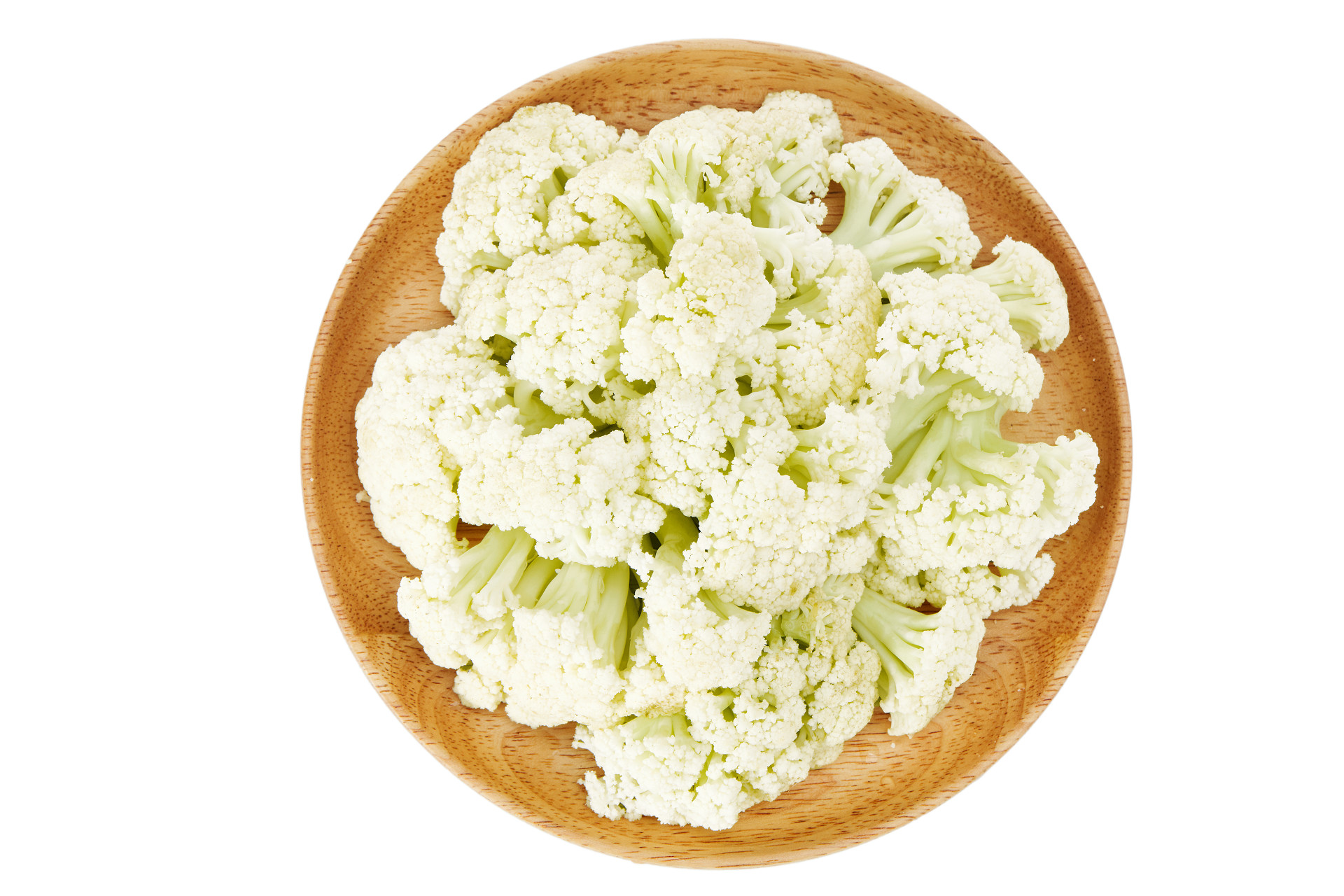 俯视图白底木盘蔬菜切开菜花切开花菜一盘菜花