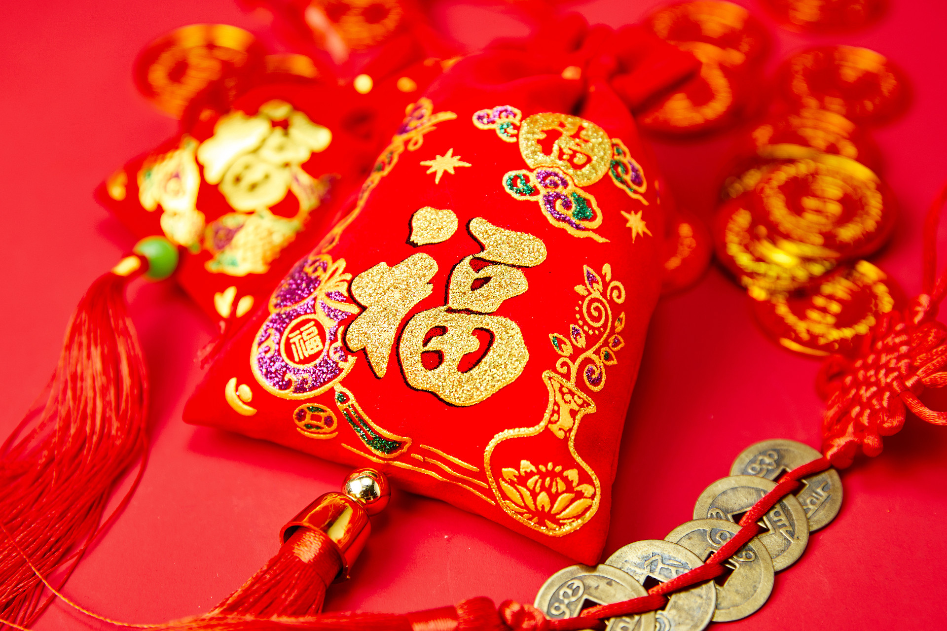 红底喜庆福袋平安符新春挂饰铜钱