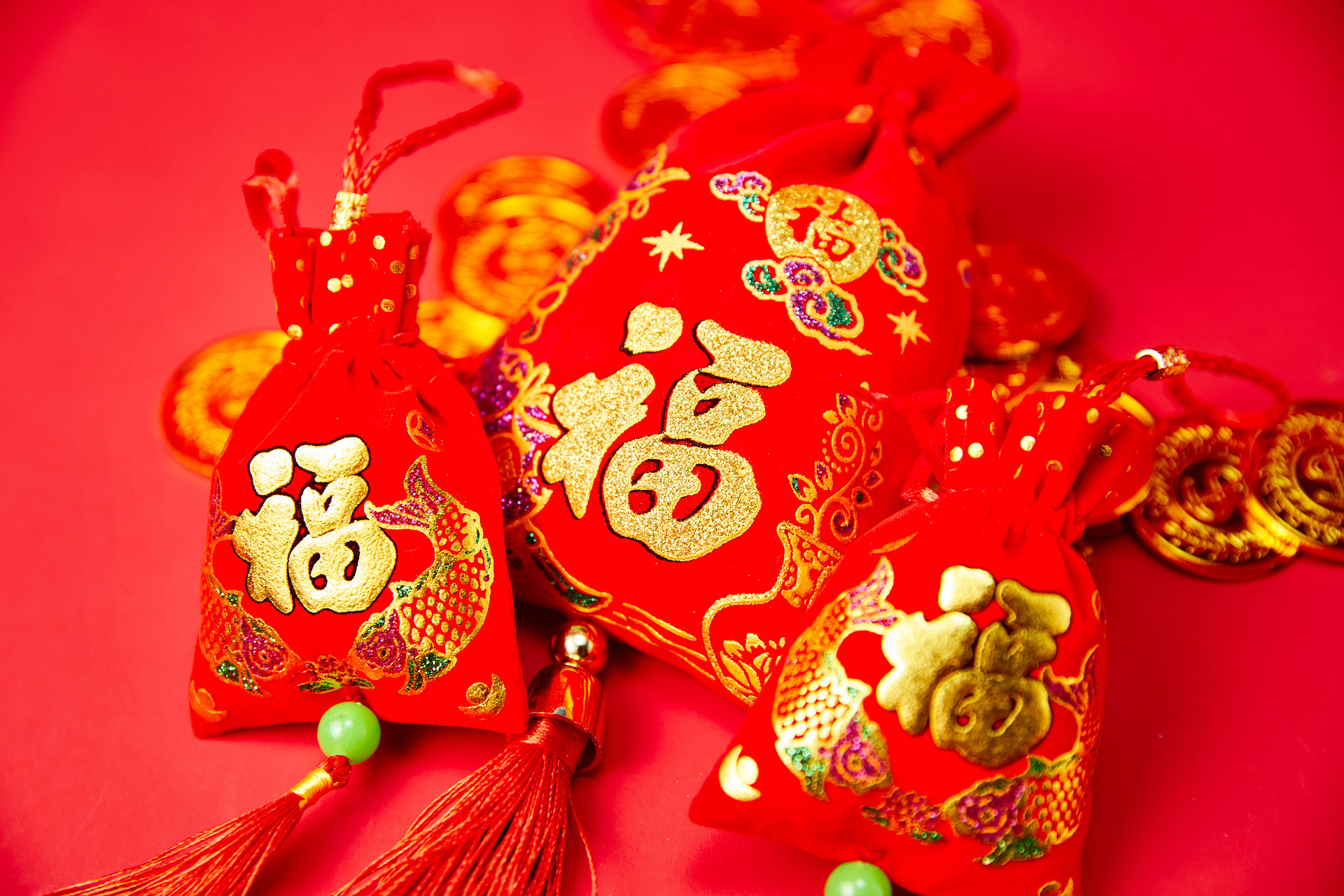 红底喜庆福袋三个福袋平安符新春挂饰铜钱