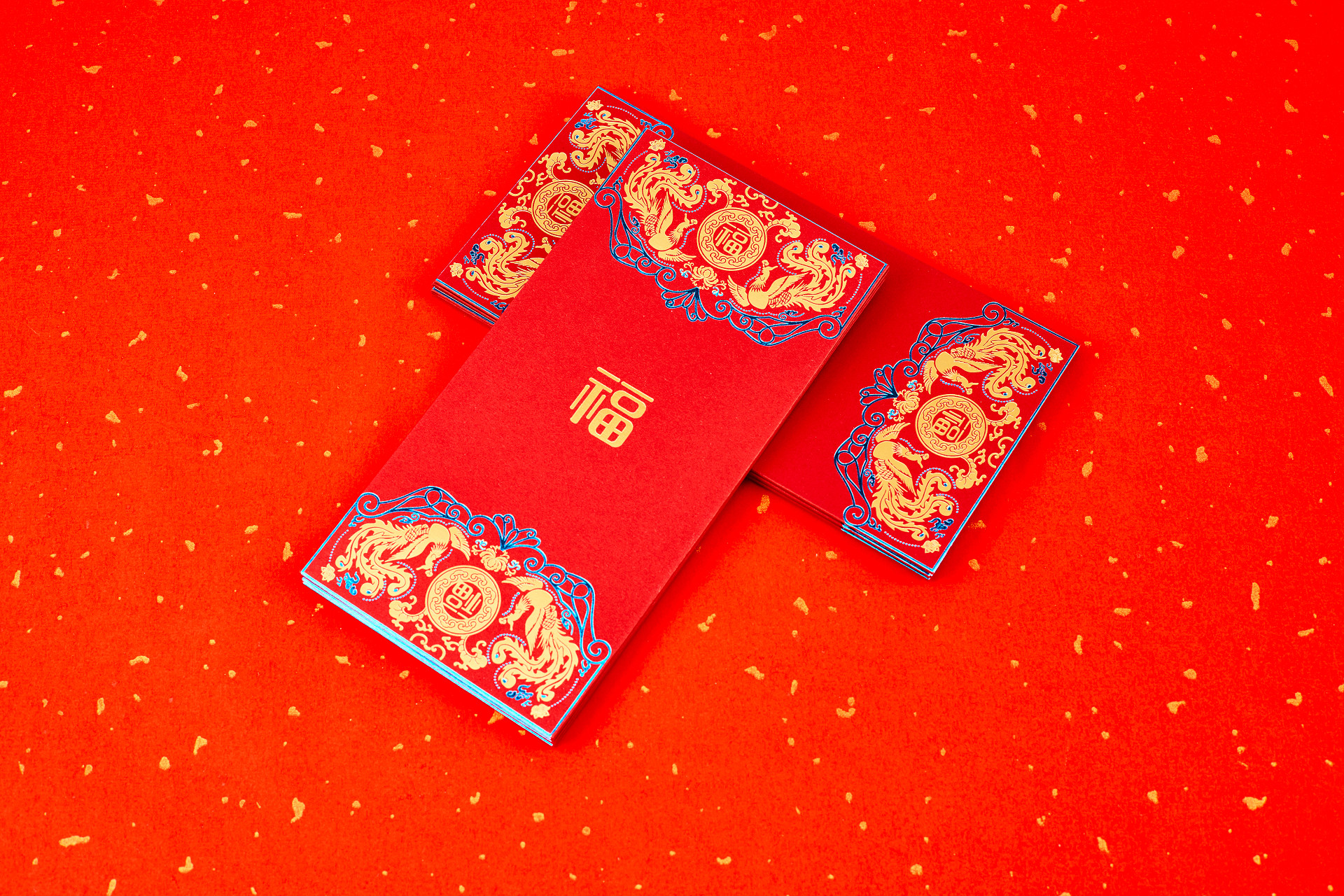 红底纹理纸红包烫金花纹两叠红包福字新春春节新年