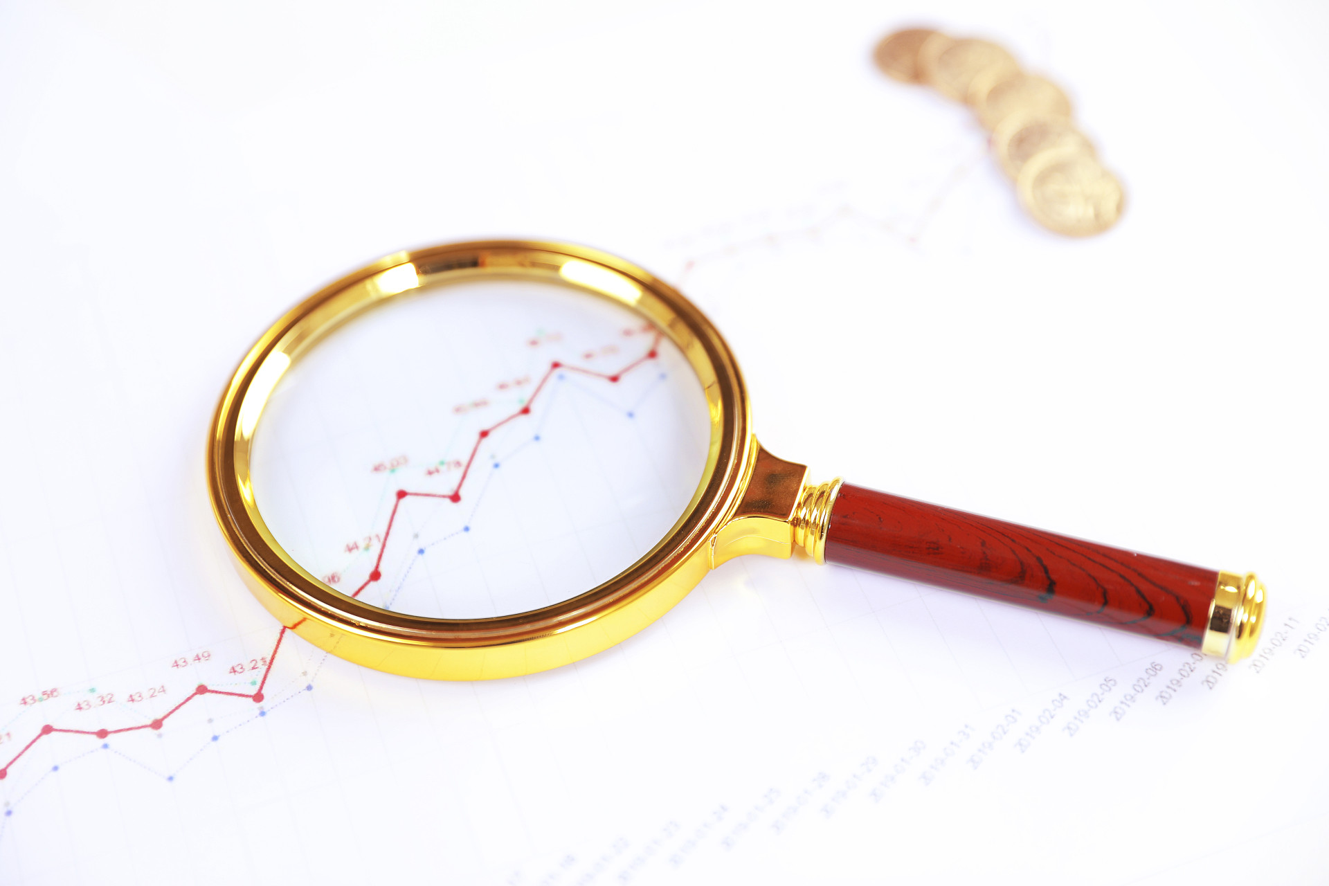 放大镜金币硬币统计图折线图金融经济财务