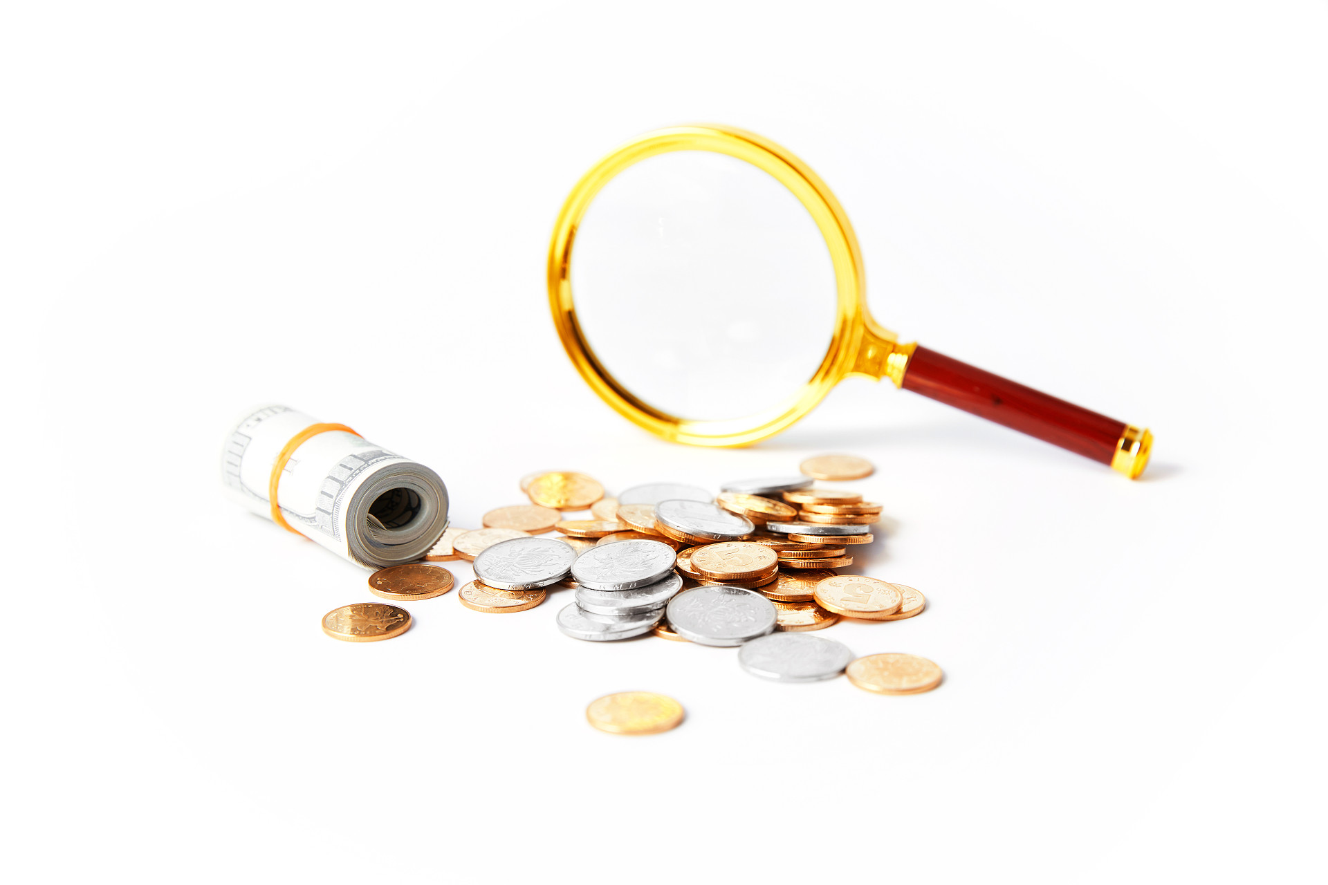 白底放大镜一卷钱钞票货币硬币银币金币