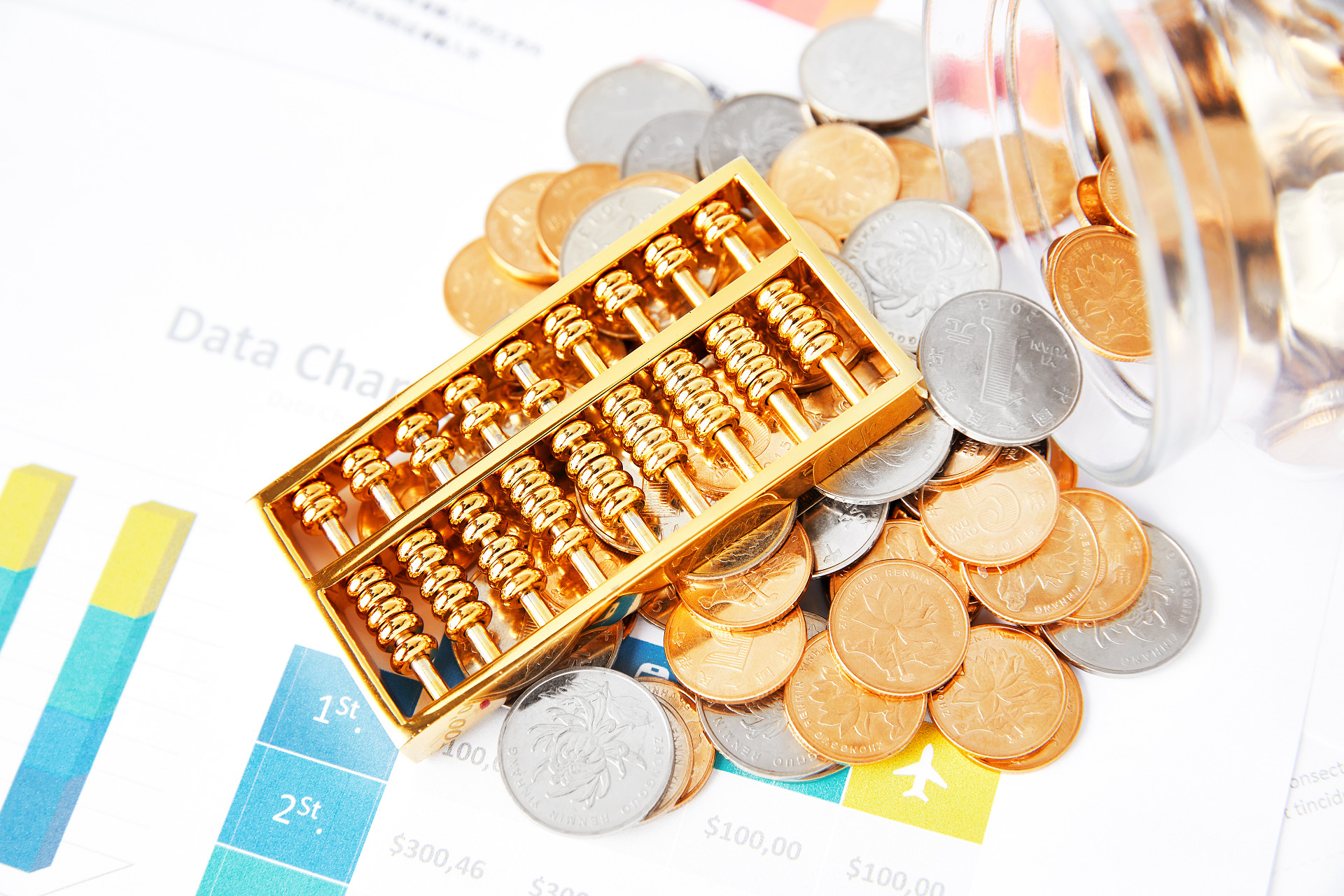 统计图分析图图纸算盘散落硬币货币硬币银币金币