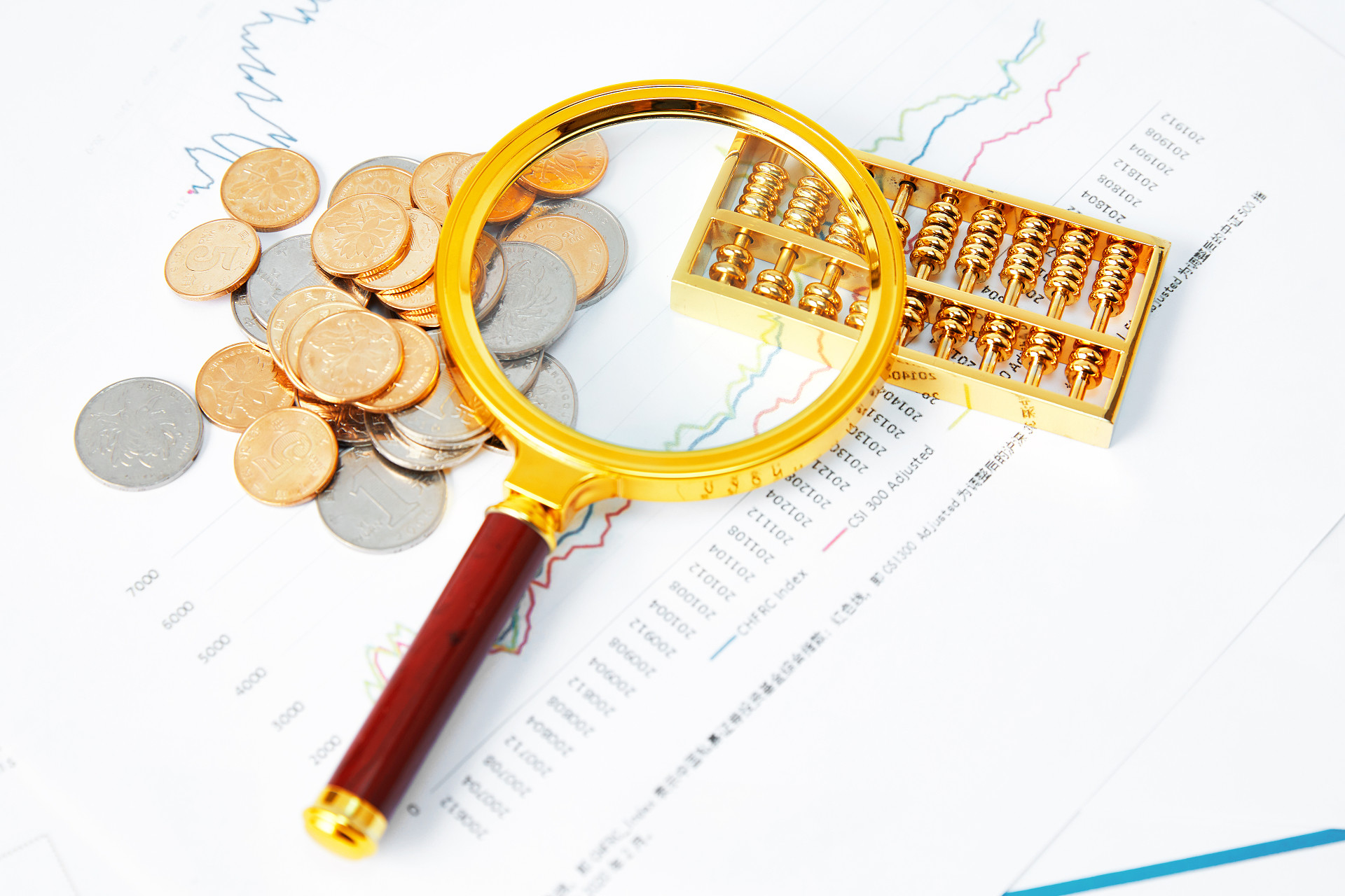 白底放大镜算盘金色算盘折线图统计图图纸货币硬币银币金币