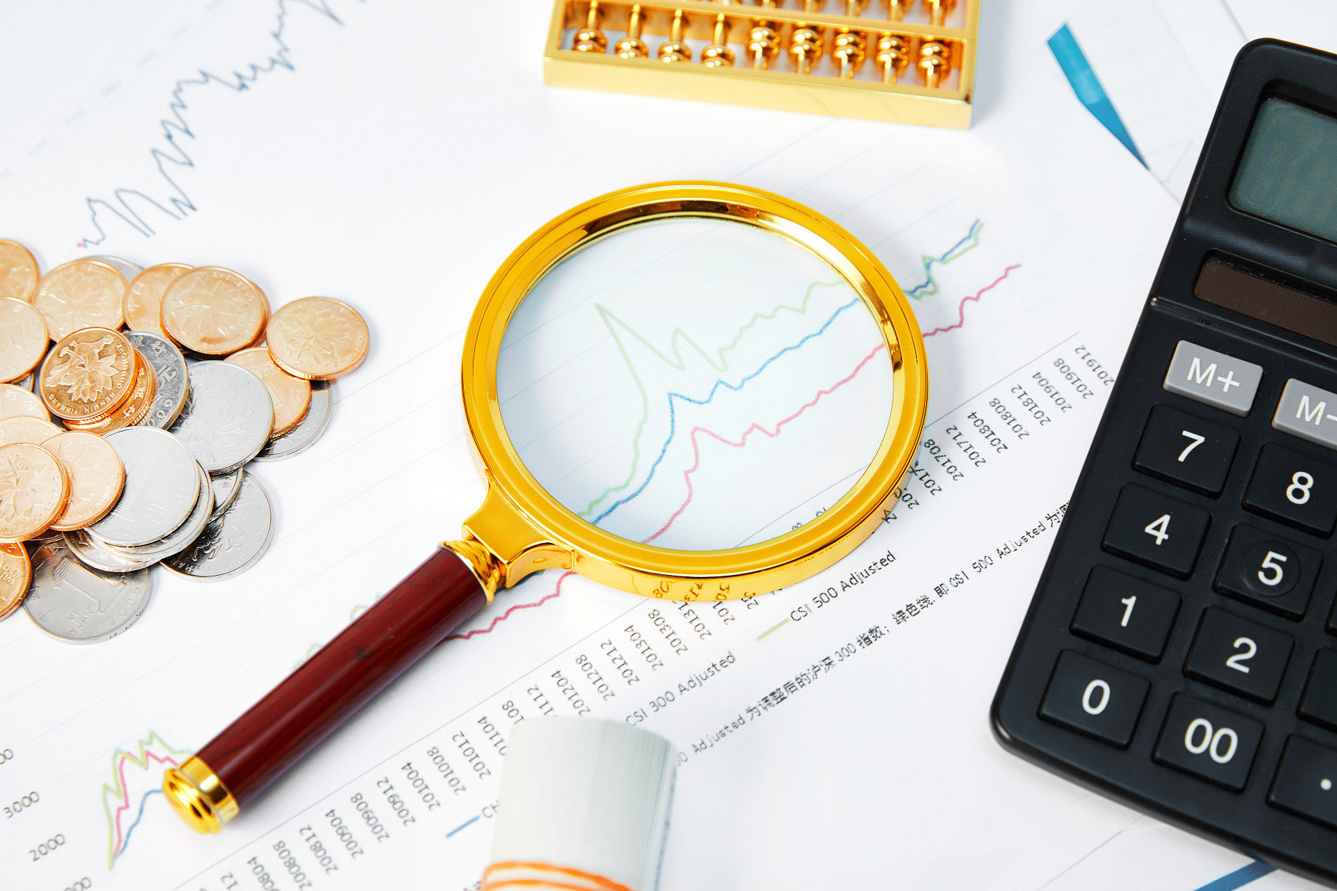 金融监管白底放大镜算盘金色算盘计算器折线图图纸硬币银币金币
