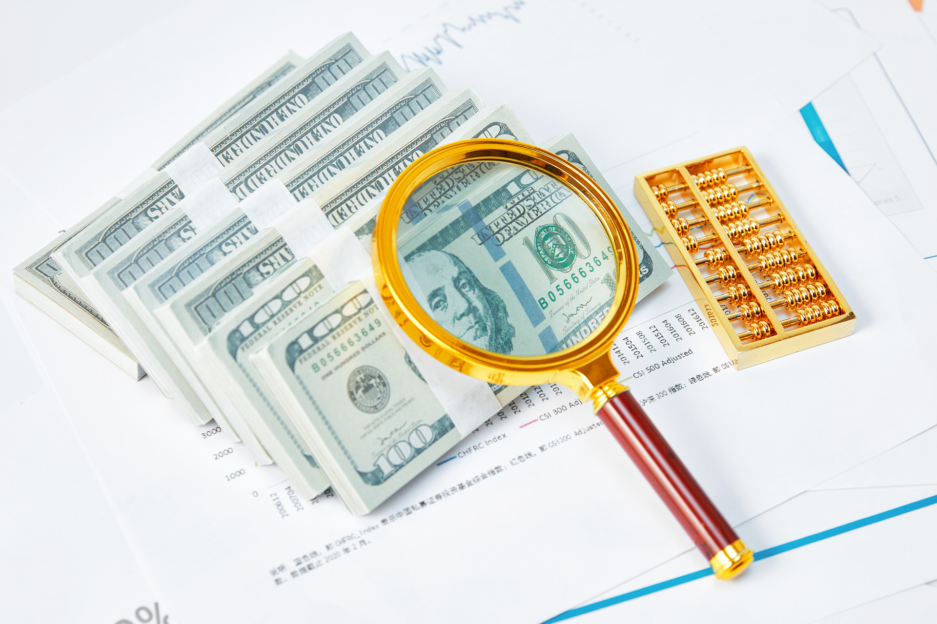 白底放大镜钞票货币算盘金色算盘折线图统计图图纸