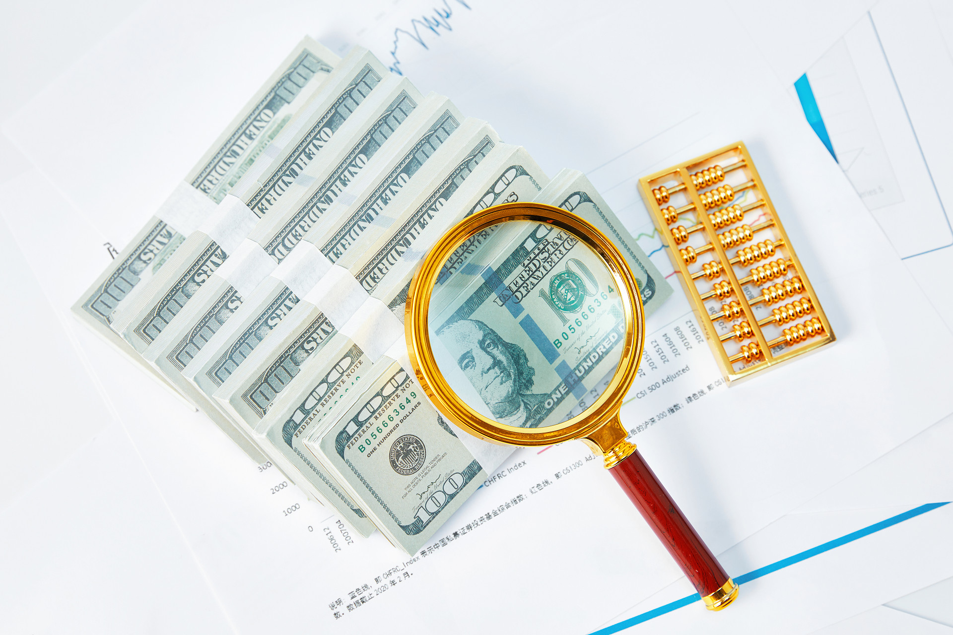 俯视图放大镜钞票货币算盘金色算盘折线图统计图图纸
