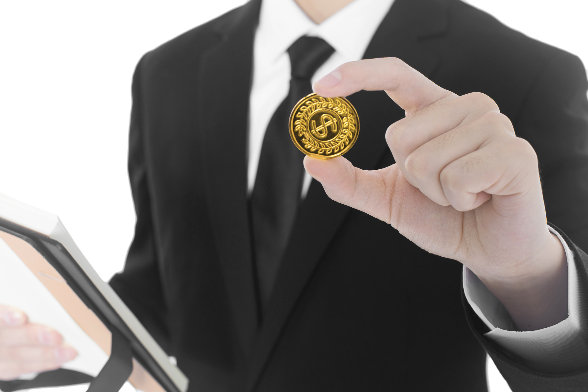 白底金融经济职场西装手势人物手势手捏硬币