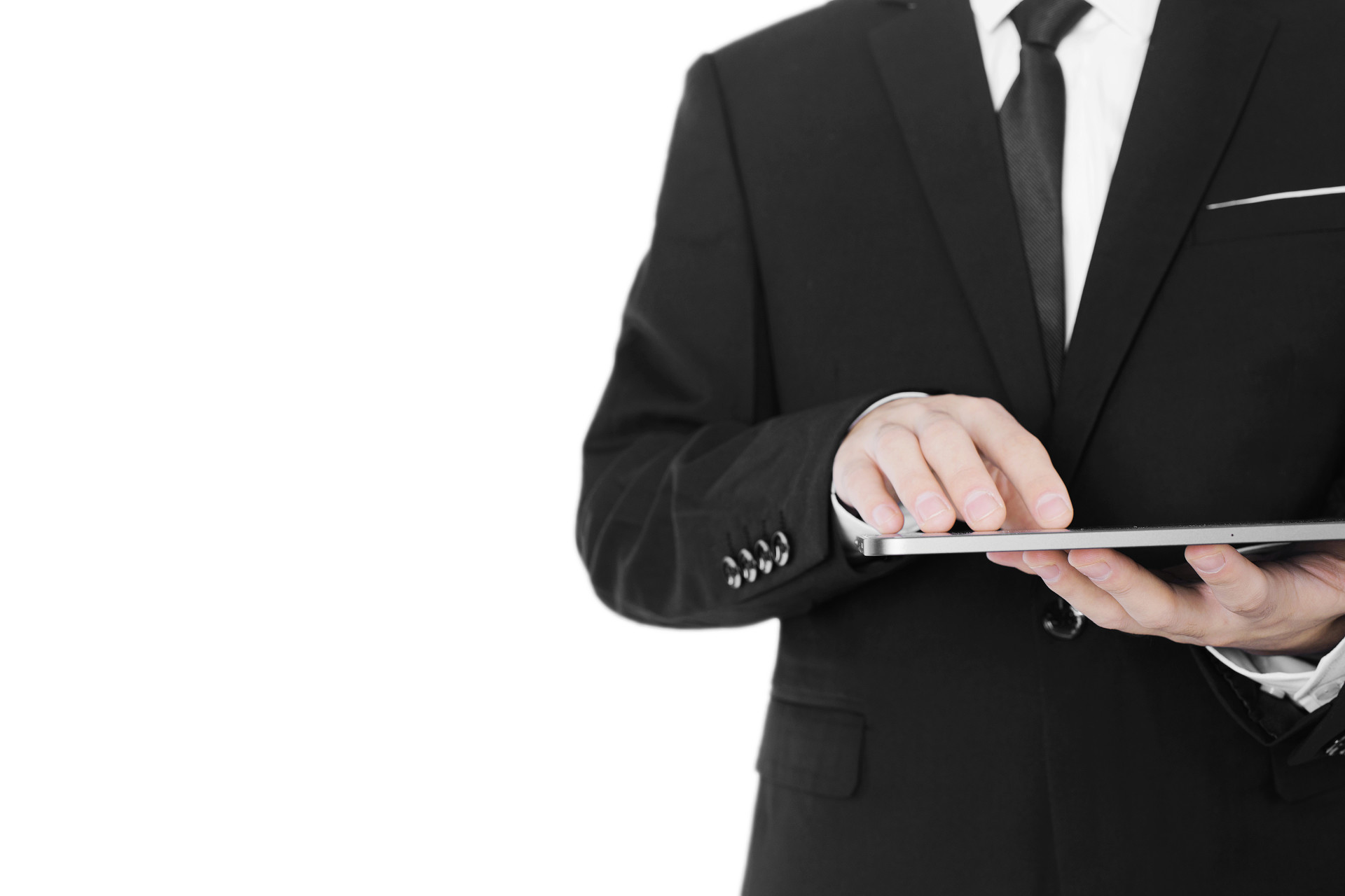 白底西装职场手势人物手势右侧人物手托平板