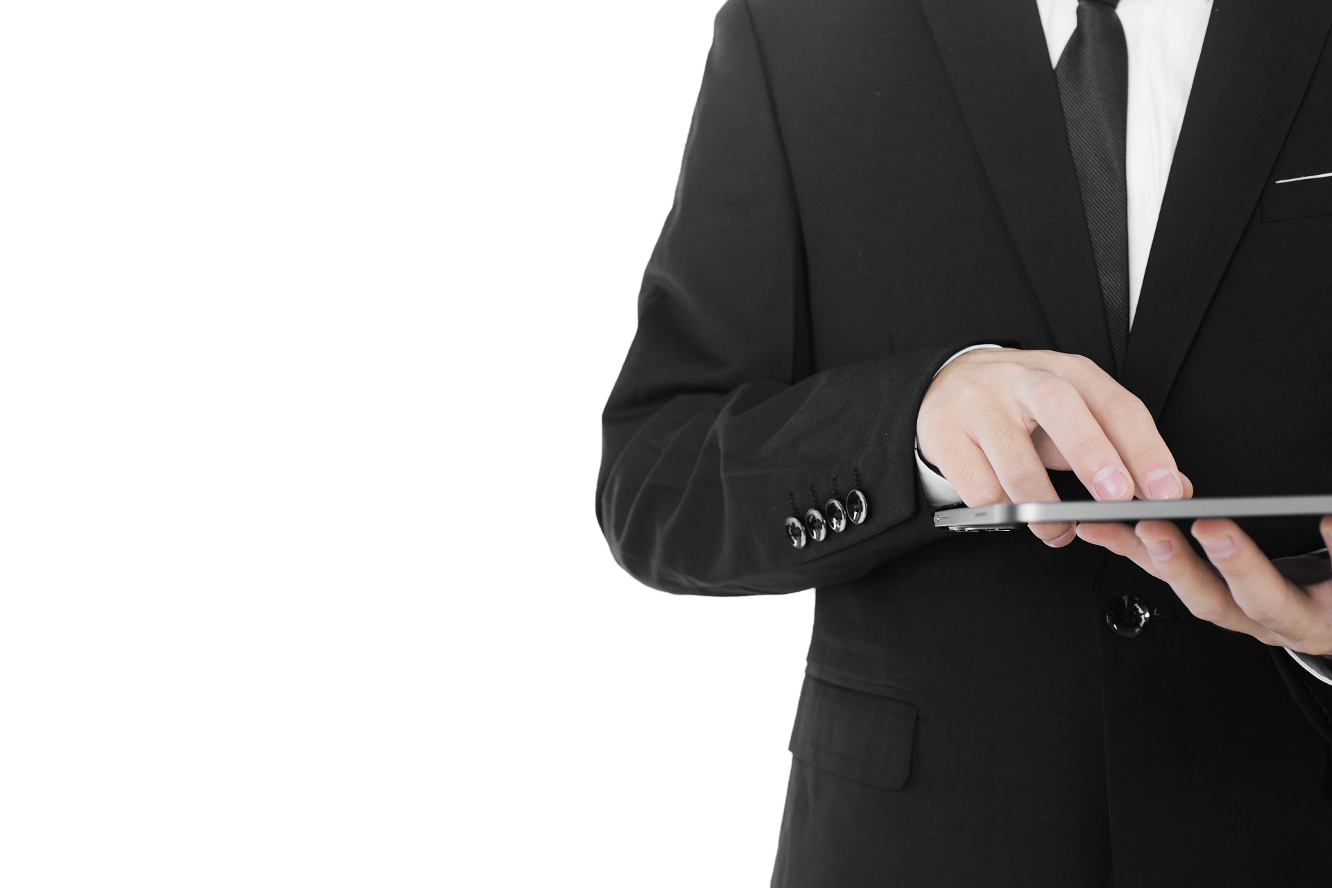 白底西装人物手势商务人士右侧人物手托平板