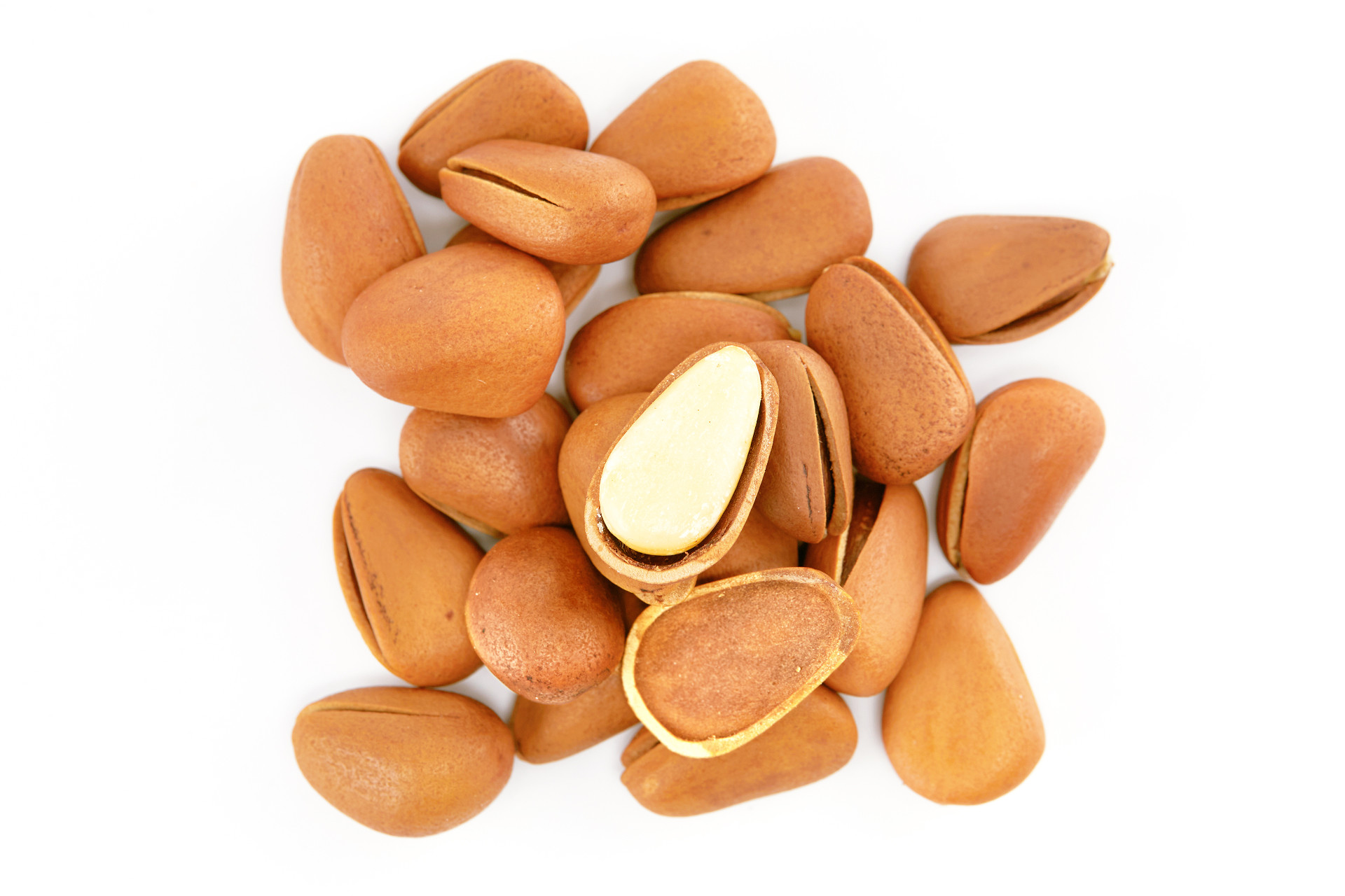 俯视图白底散落松子坚果松子开口松子剥开松子