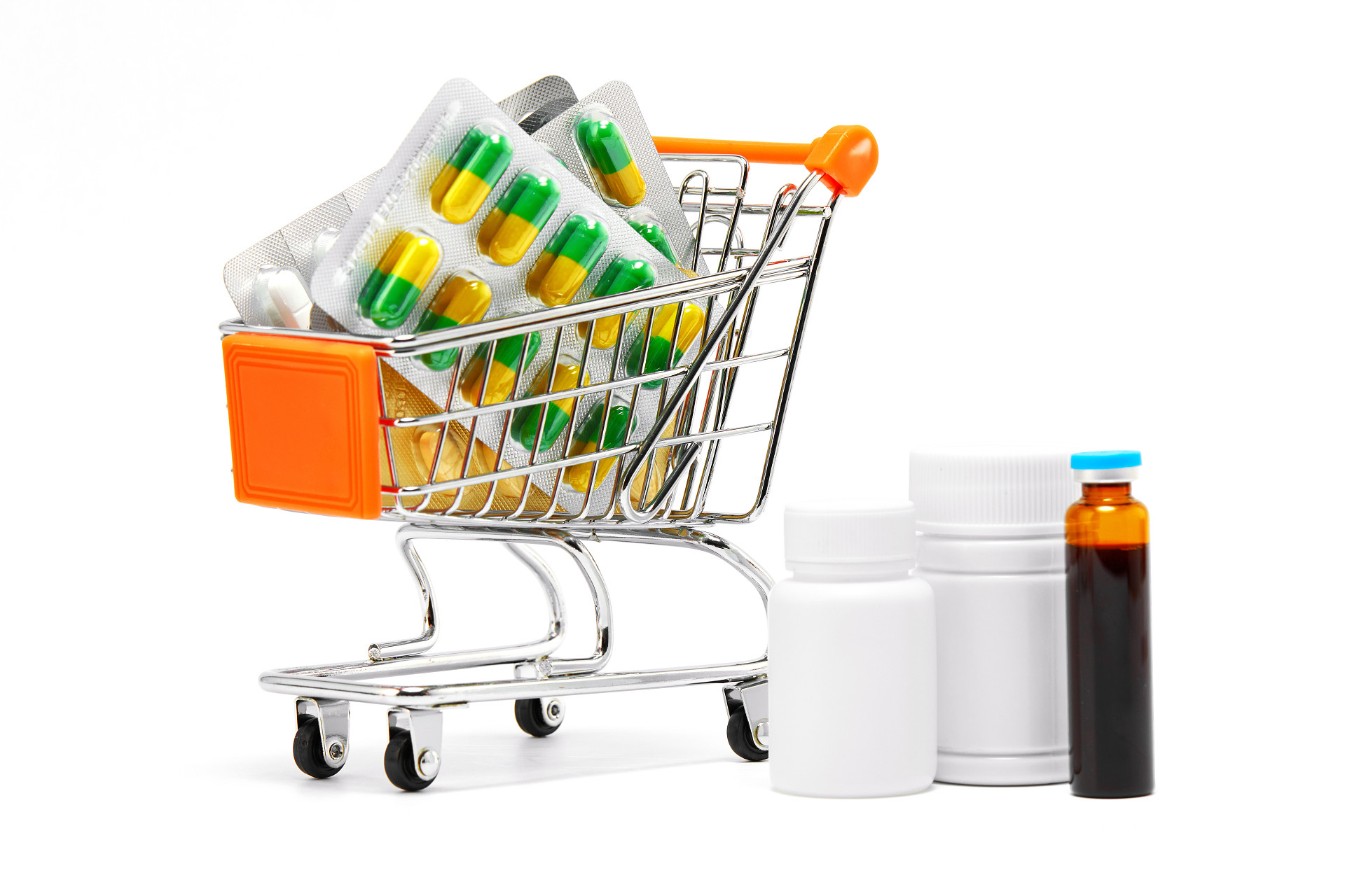 白底购物车药品胶囊彩色胶囊药瓶口服液医疗用品